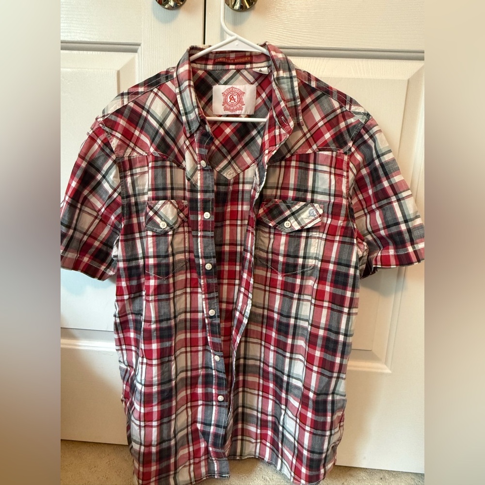 Christian Audigier Men’s  Short Sleeve Button Down Shirt Red Plaid